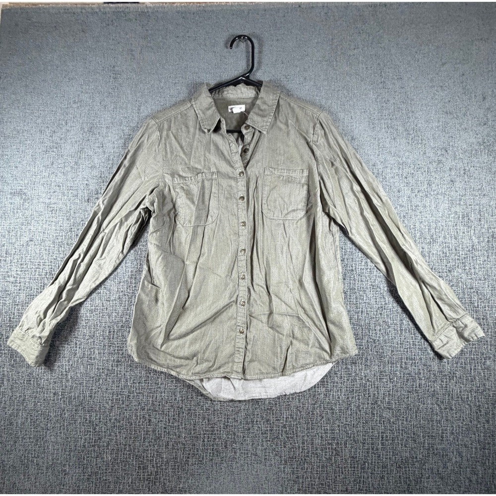 Westport Womens Olive Green Floral Embroidered Button Down Shirt Size M